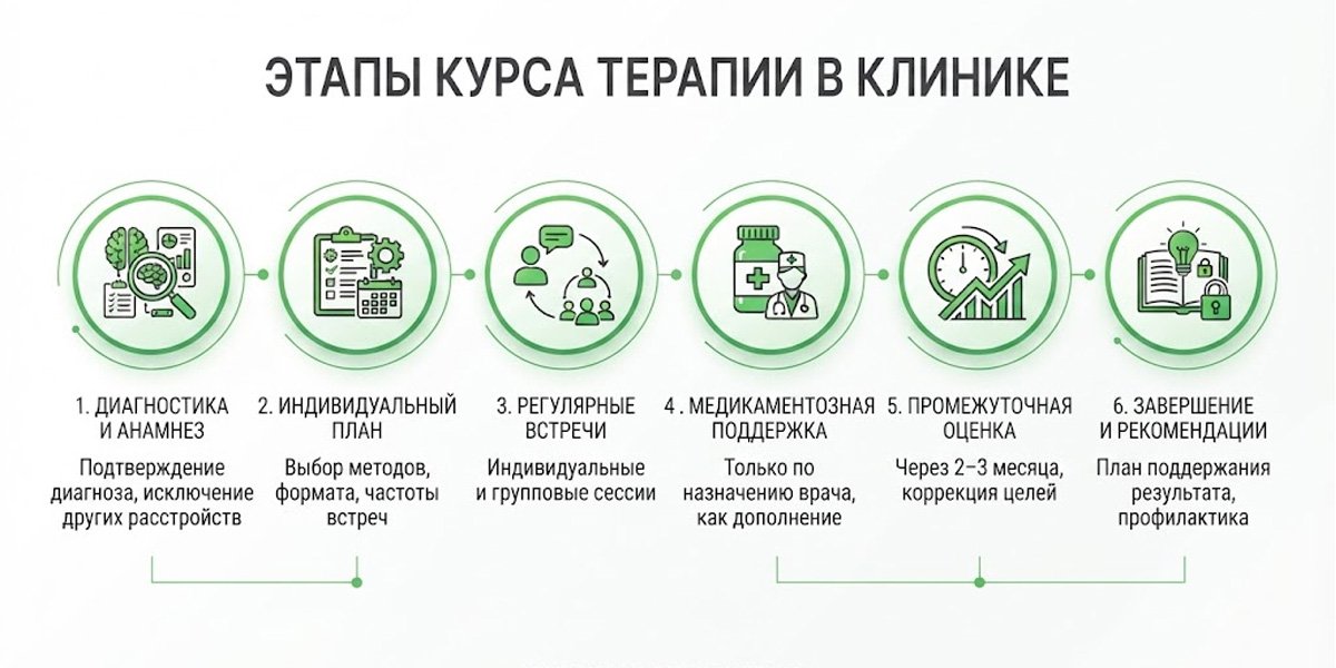 Инфографика основных этапов курса терапии.